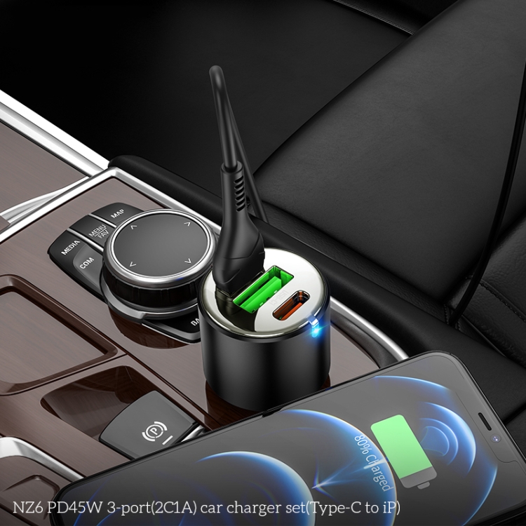 hoco NZ6 Dual Type-C / USB-C + USB PD45W 3-port Car Charger with Type-C / USB-C to 8 Pin Charging Cable(Black) - 5