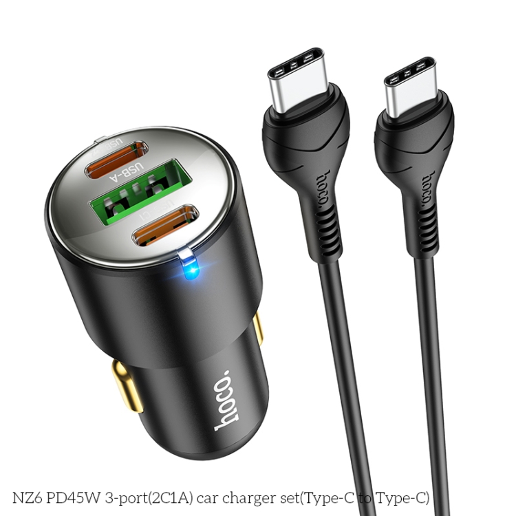 hoco NZ6 Dual Type-C / USB-C + USB PD45W 3-port Car Charger with Type-C / USB-C to Type-C / USB-C Charging Cable(Black) - 1