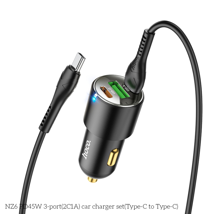 hoco NZ6 Dual Type-C / USB-C + USB PD45W 3-port Car Charger with Type-C / USB-C to Type-C / USB-C Charging Cable(Black) - 2