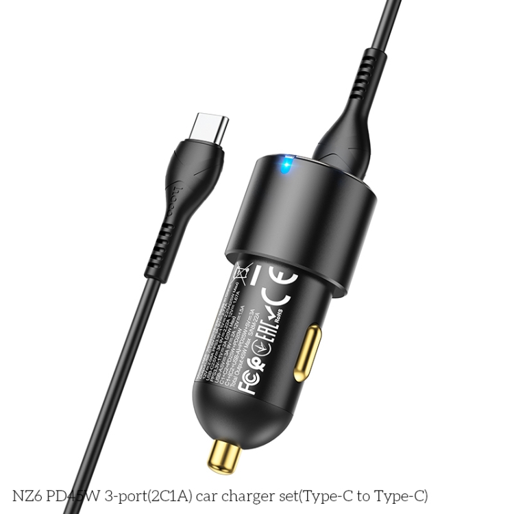 hoco NZ6 Dual Type-C / USB-C + USB PD45W 3-port Car Charger with Type-C / USB-C to Type-C / USB-C Charging Cable(Black) - 3