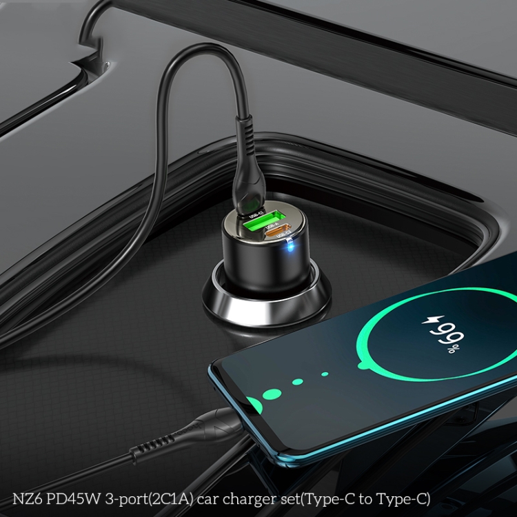 hoco NZ6 Dual Type-C / USB-C + USB PD45W 3-port Car Charger with Type-C / USB-C to Type-C / USB-C Charging Cable(Black) - 4