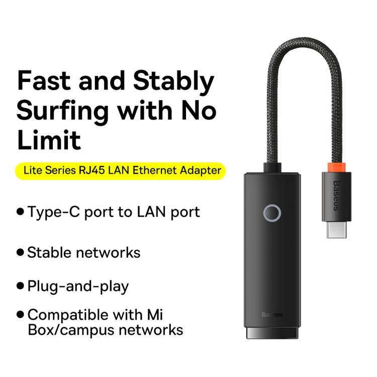 Baseus Lite Series Ethernet Adapter USB-C / Type-C to RJ45 LAN Port 1000Mbps(Black) - 1