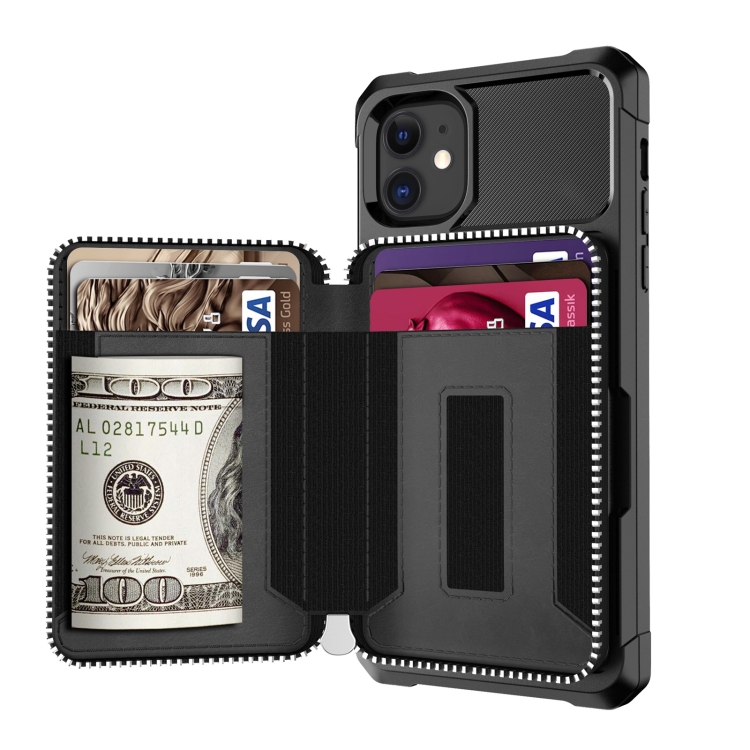For iPhone 12 mini Zipper Wallet Card Bag PU Back Case (Black)