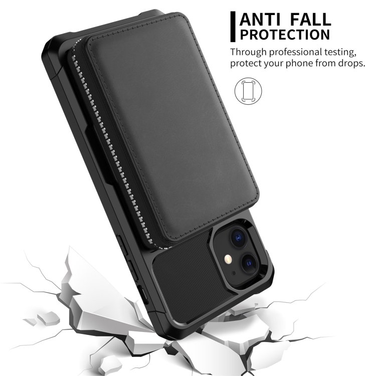For iPhone 12 mini Zipper Wallet Card Bag PU Back Case (Black)