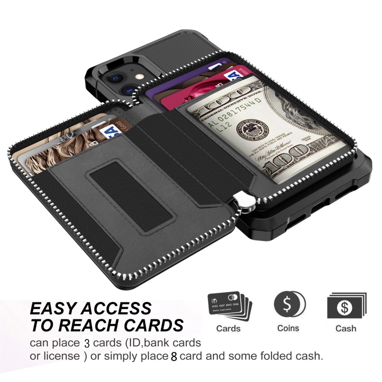For iPhone 12 mini Zipper Wallet Card Bag PU Back Case (Black)