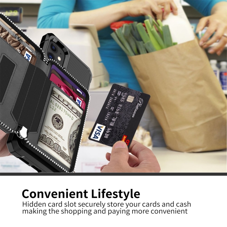 For iPhone 12 mini Zipper Wallet Card Bag PU Back Case (Black)