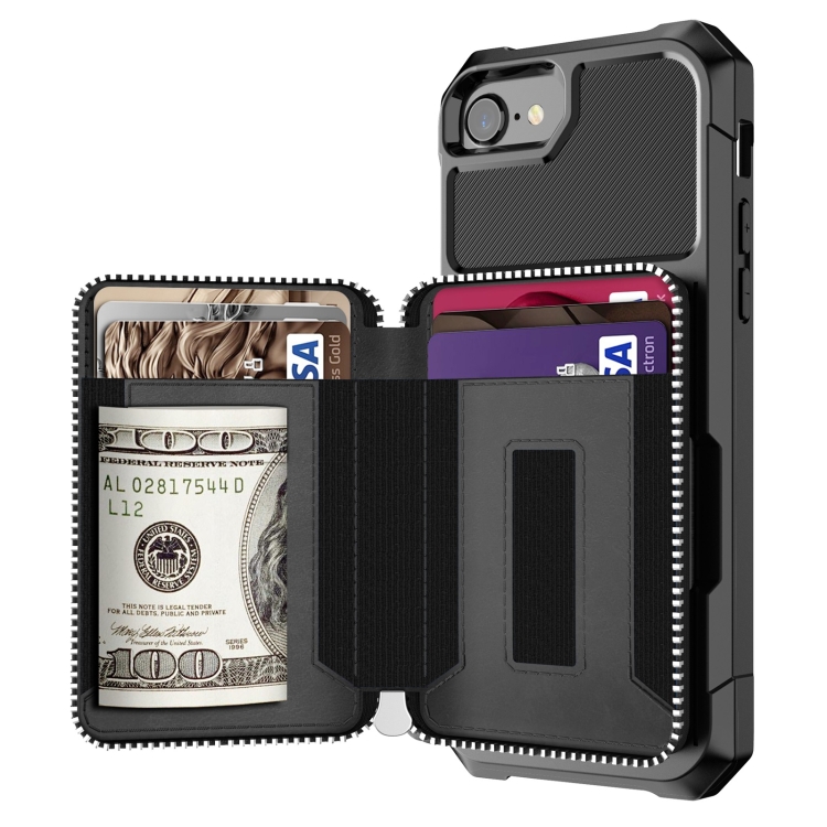 For iPhone SE 2022 / SE 2020 / 8 / 7 / 6 / 6s Zipper Wallet Card Bag PU Back Case(Black) For iPhone SE 2022 / SE 2020 / 8 / 7 / 6 / 6s Zipper Wallet Card Bag PU Back Case(Black)