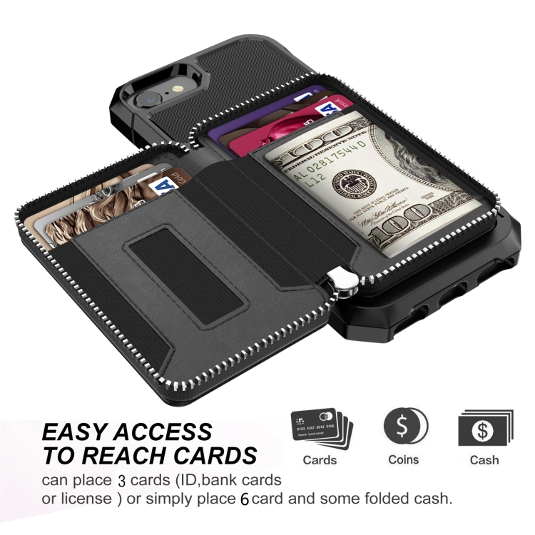 For iPhone SE 2022 / SE 2020 / 8 / 7 / 6 / 6s Zipper Wallet Card Bag PU Back Case(Black) For iPhone SE 2022 / SE 2020 / 8 / 7 / 6 / 6s Zipper Wallet Card Bag PU Back Case(Black)