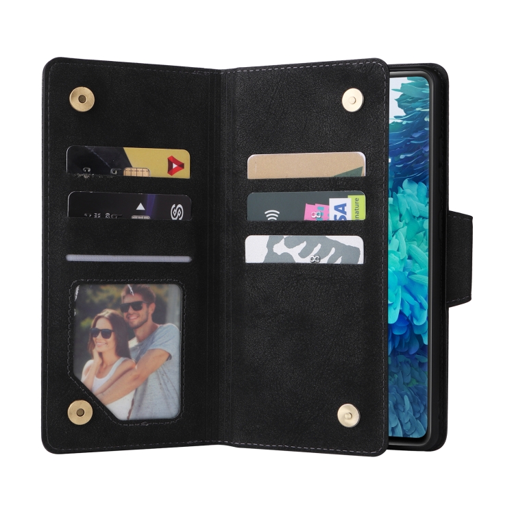 For Samsung Galaxy S20 FE 5G Rivet Buckle 9 Cards Three Fold Leather Phone Case(Black)