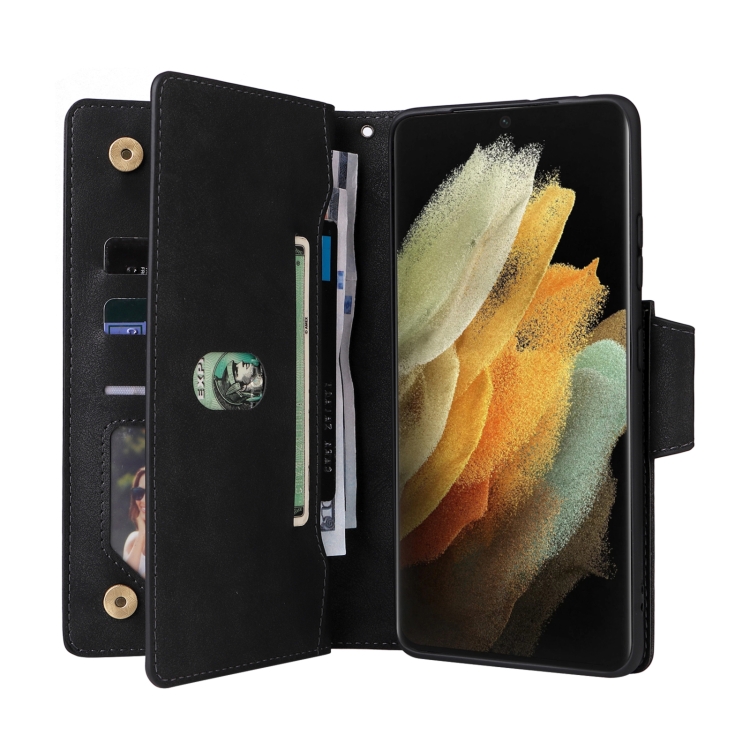 For Samsung Galaxy S21 Ultra 5G Rivet Buckle 9 Cards Three Fold Leather Phone Case(Black) For Samsung Galaxy S21 Ultra 5G Rivet Buckle 9 Cards Three Fold Leather Phone Case(Black)