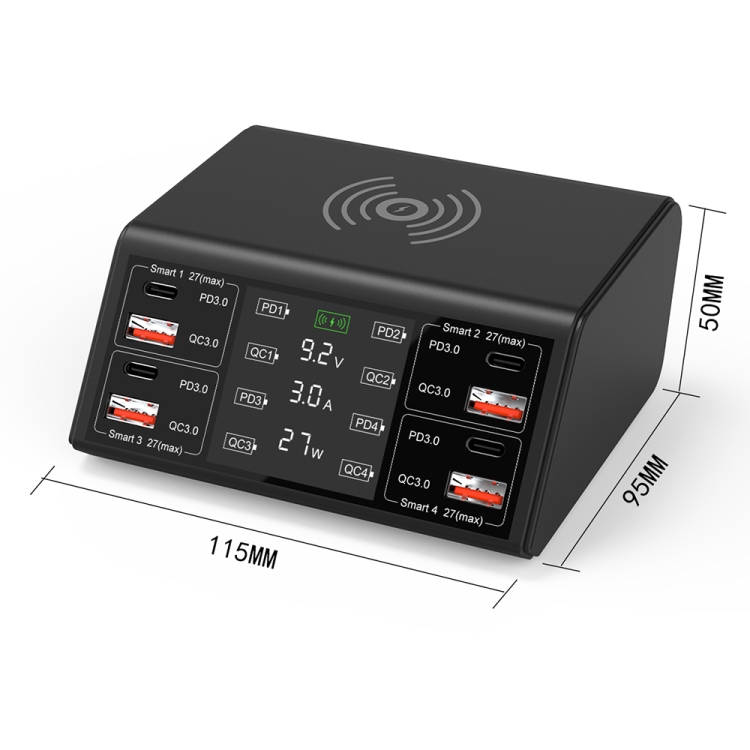 838w 9 in 1 100W 4 PD 3.0 USB-C / Type-C + 4 QC 3.0 USB Ports Smart Digital Display Wireless Charger, EU Plug(Black) 838w 9 in 1 100W 4 PD 3.0 USB-C / Type-C + 4 QC 3.0 USB Ports Smart Digital Display Wireless Charger, EU Plug(Black)
