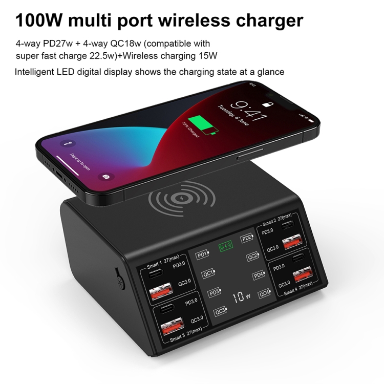 838w 9 in 1 100W 4 PD 3.0 USB-C / Type-C + 4 QC 3.0 USB Ports Smart Digital Display Wireless Charger, EU Plug(Black) 838w 9 in 1 100W 4 PD 3.0 USB-C / Type-C + 4 QC 3.0 USB Ports Smart Digital Display Wireless Charger, EU Plug(Black)