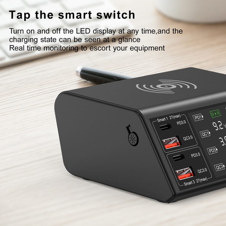 838w 9 in 1 100W 4 PD 3.0 USB-C / Type-C + 4 QC 3.0 USB Ports Smart Digital Display Wireless Charger, EU Plug(Black) 838w 9 in 1 100W 4 PD 3.0 USB-C / Type-C + 4 QC 3.0 USB Ports Smart Digital Display Wireless Charger, EU Plug(Black)