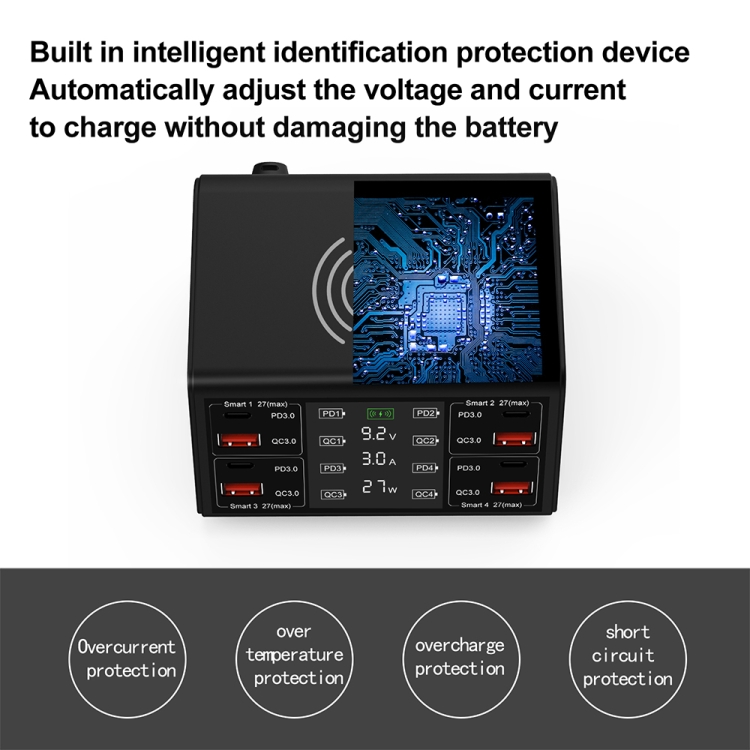838w 9 in 1 100W 4 PD 3.0 USB-C / Type-C + 4 QC 3.0 USB Ports Smart Digital Display Wireless Charger, EU Plug(Black) 838w 9 in 1 100W 4 PD 3.0 USB-C / Type-C + 4 QC 3.0 USB Ports Smart Digital Display Wireless Charger, EU Plug(Black)
