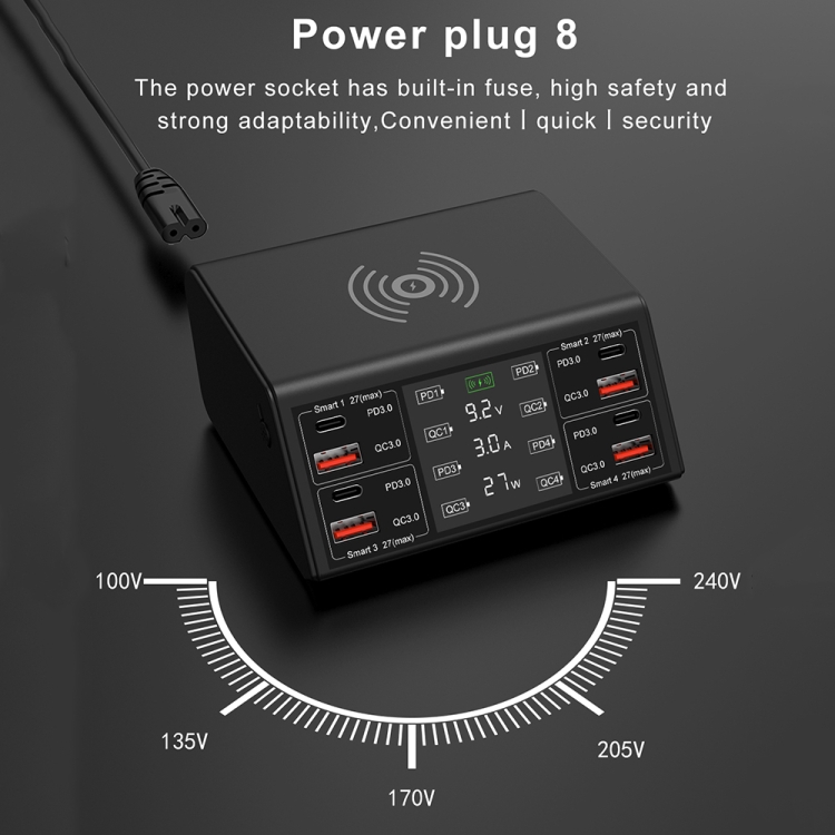 838w 9 in 1 100W 4 PD 3.0 USB-C / Type-C + 4 QC 3.0 USB Ports Smart Digital Display Wireless Charger, EU Plug(Black) 838w 9 in 1 100W 4 PD 3.0 USB-C / Type-C + 4 QC 3.0 USB Ports Smart Digital Display Wireless Charger, EU Plug(Black)