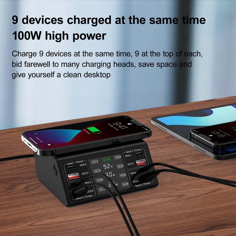 838w 9 in 1 100W 4 PD 3.0 USB-C / Type-C + 4 QC 3.0 USB Ports Smart Digital Display Wireless Charger, EU Plug(Black) 838w 9 in 1 100W 4 PD 3.0 USB-C / Type-C + 4 QC 3.0 USB Ports Smart Digital Display Wireless Charger, EU Plug(Black)