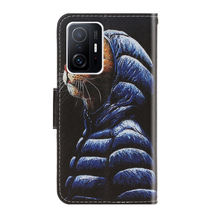 For Xiaomi Mi 11T 3D Colored Drawing Leather Phone Case(Down Jacket Cat)