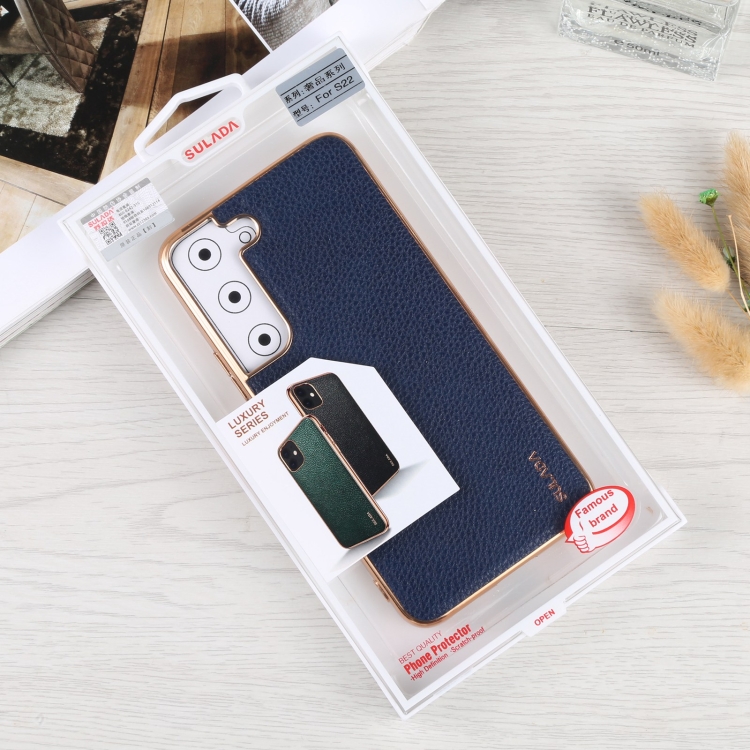 For Samsung Galaxy S22 5G SULADA Shockproof TPU + Handmade Leather Phone Case(Blue) For Samsung Galaxy S22 5G SULADA Shockproof TPU + Handmade Leather Phone Case(Blue)