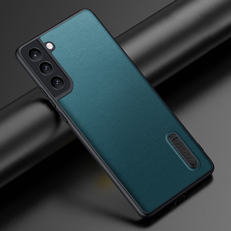For Samsung Galaxy S22+ 5G Folding Holder Plain Leather Phone Case(Lake Green)