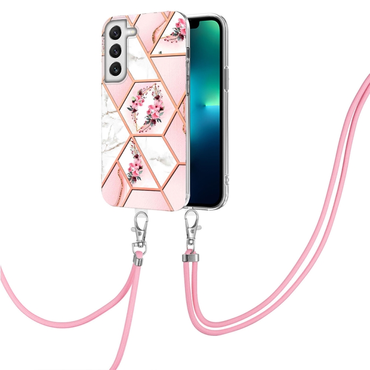 For Samsung Galaxy S22 5G Splicing Marble Flower Pattern TPU Phone Case with Lanyard(Pink Flower) For Samsung Galaxy S22 5G Splicing Marble Flower Pattern TPU Phone Case with Lanyard(Pink Flower)