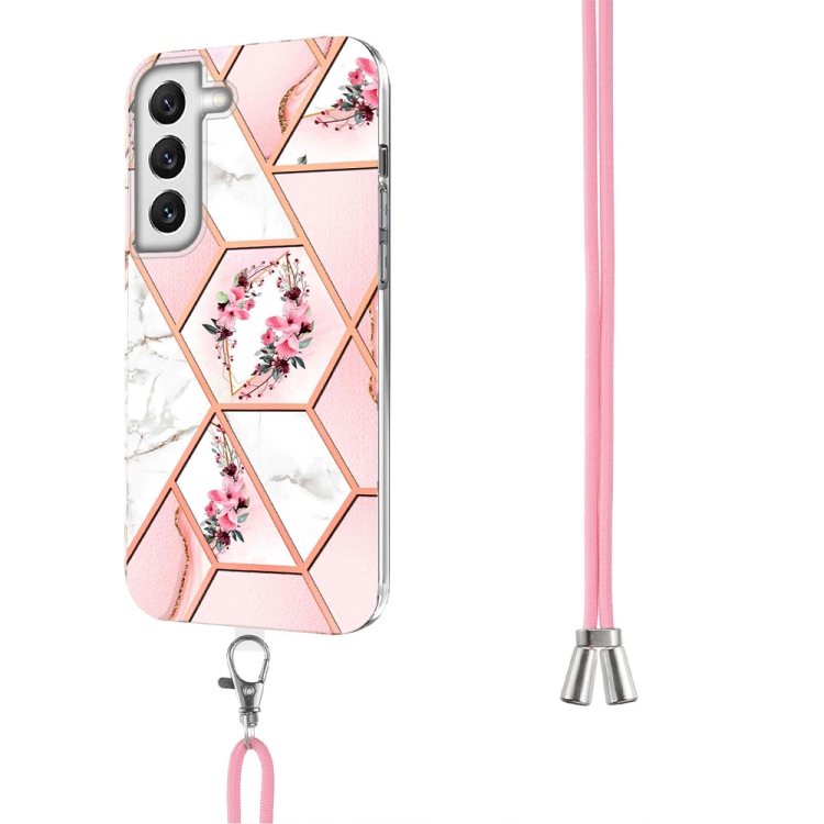 For Samsung Galaxy S22 5G Splicing Marble Flower Pattern TPU Phone Case with Lanyard(Pink Flower) For Samsung Galaxy S22 5G Splicing Marble Flower Pattern TPU Phone Case with Lanyard(Pink Flower)