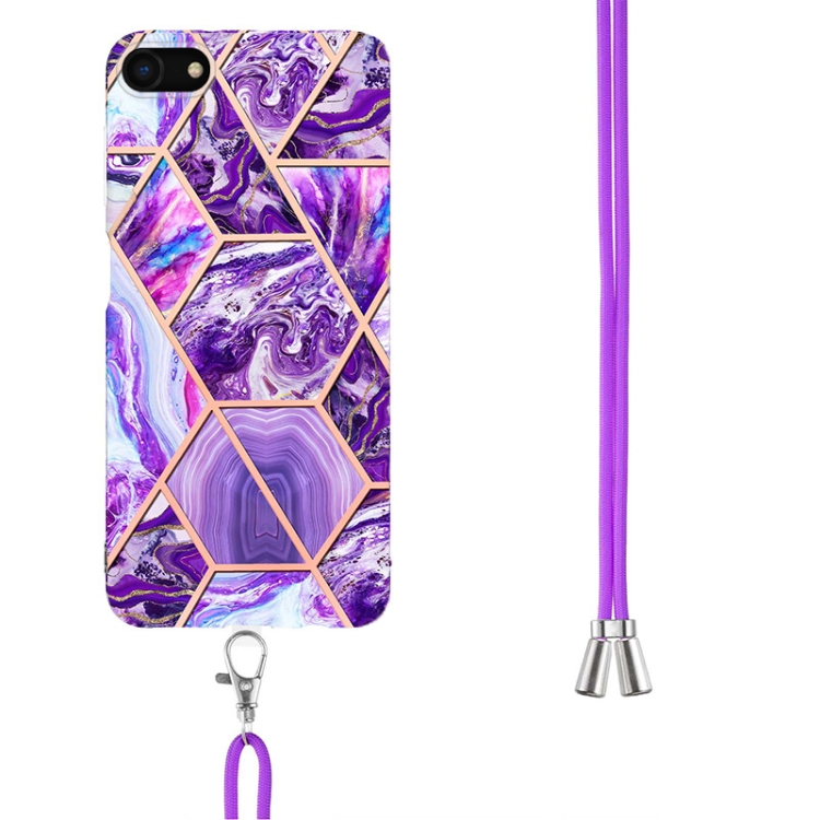 For iPhone SE 2022 / SE 2020 / 8 / 7 Electroplating Splicing Marble TPU Phone Case with Lanyard(Dark Purple) For iPhone SE 2022 / SE 2020 / 8 / 7 Electroplating Splicing Marble TPU Phone Case with Lanyard(Dark Purple)
