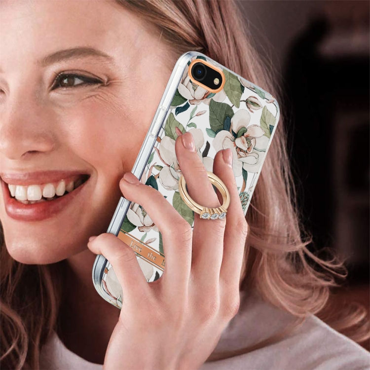 For iPhone SE 2022 / SE 2020 / 8 / 7 Ring IMD Flowers TPU Phone Case(Green Gardenia)