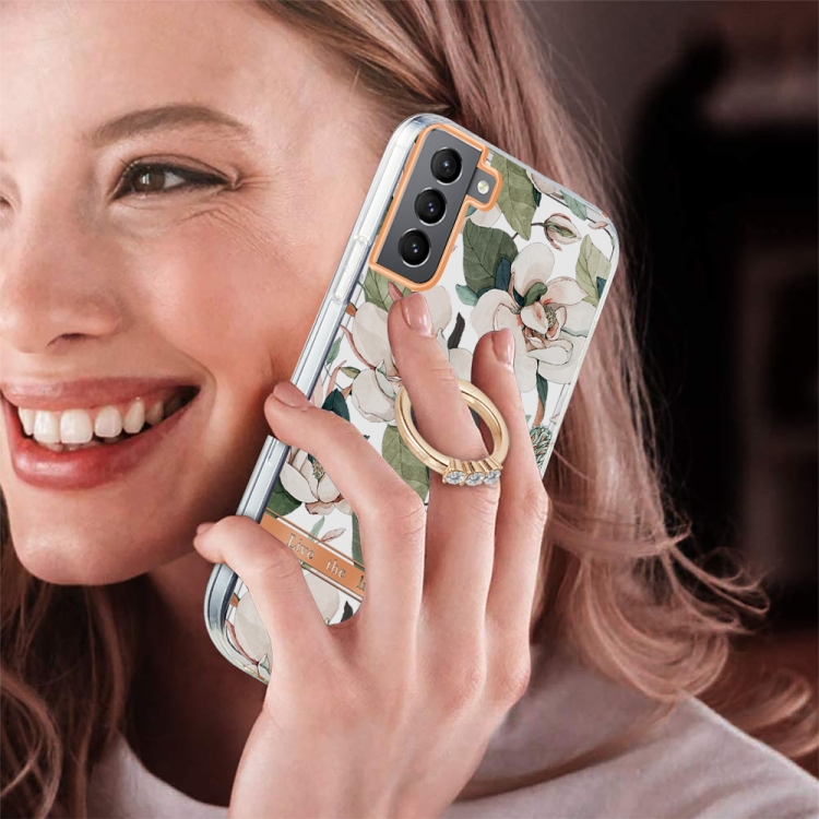 For Samsung Galaxy S22 5G Ring IMD Flowers TPU Phone Case(Green Gardenia) For Samsung Galaxy S22 5G Ring IMD Flowers TPU Phone Case(Green Gardenia)
