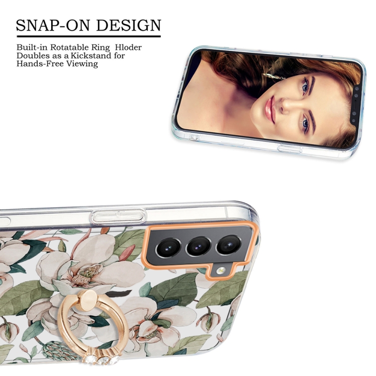 For Samsung Galaxy S22 5G Ring IMD Flowers TPU Phone Case(Green Gardenia) For Samsung Galaxy S22 5G Ring IMD Flowers TPU Phone Case(Green Gardenia)