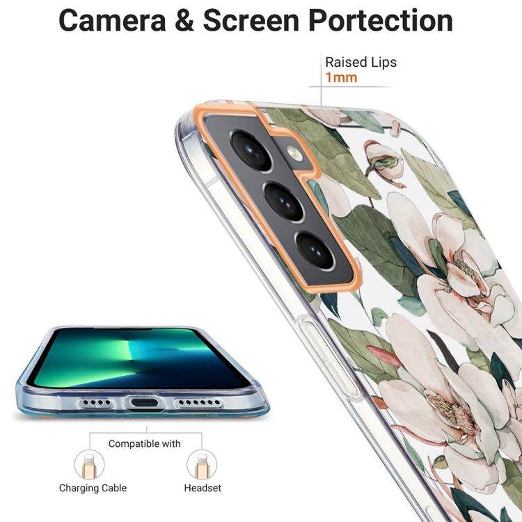 For Samsung Galaxy S22 5G Ring IMD Flowers TPU Phone Case(Green Gardenia) For Samsung Galaxy S22 5G Ring IMD Flowers TPU Phone Case(Green Gardenia)