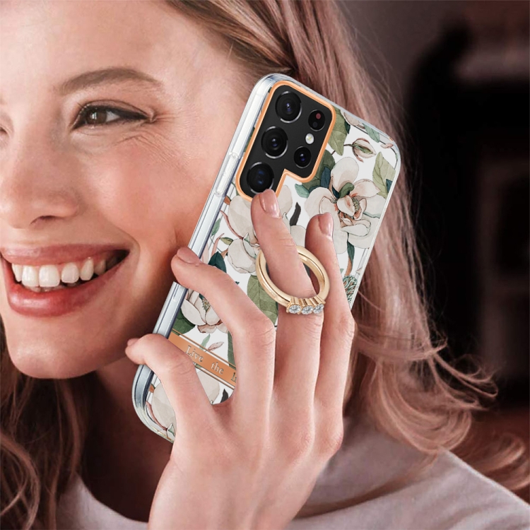 For Samsung Galaxy S22 Ultra 5G Ring IMD Flowers TPU Phone Case(Green Gardenia) For Samsung Galaxy S22 Ultra 5G Ring IMD Flowers TPU Phone Case(Green Gardenia)