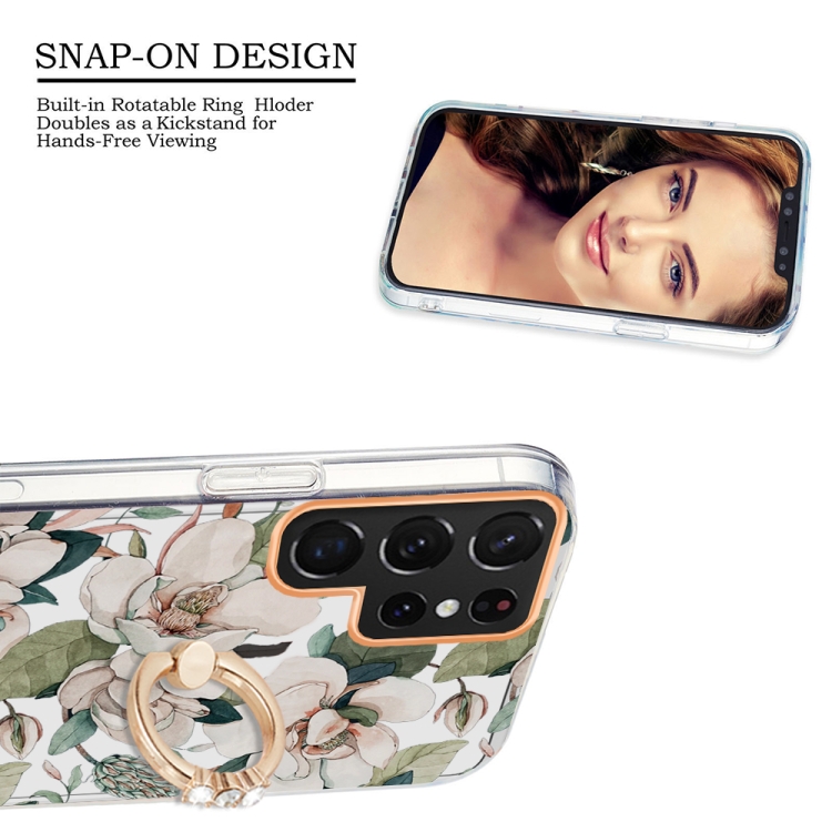 For Samsung Galaxy S22 Ultra 5G Ring IMD Flowers TPU Phone Case(Green Gardenia) For Samsung Galaxy S22 Ultra 5G Ring IMD Flowers TPU Phone Case(Green Gardenia)