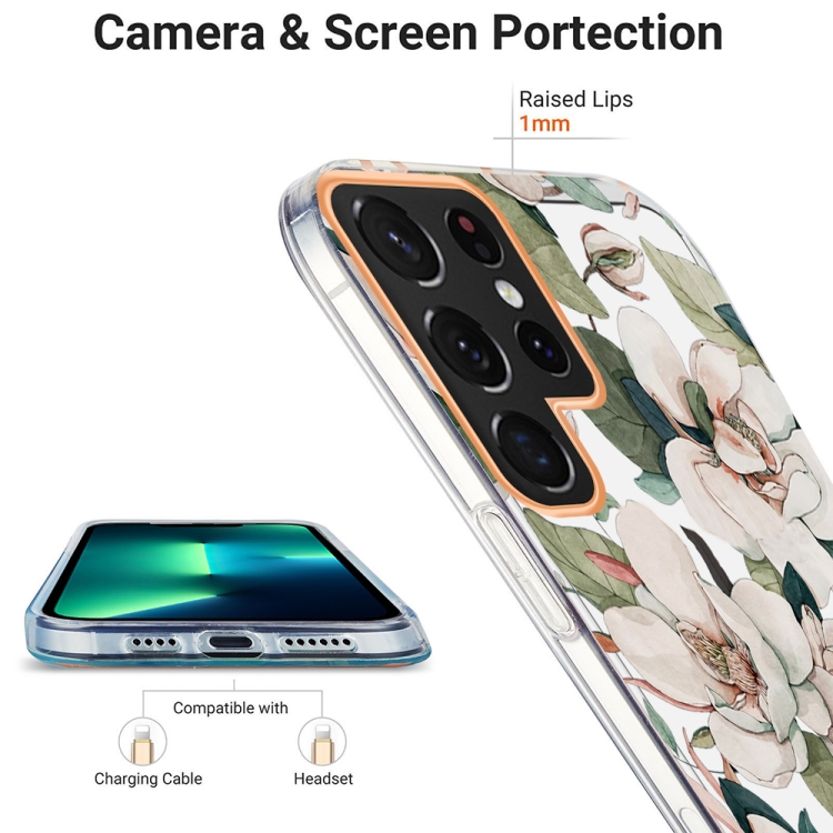 For Samsung Galaxy S22 Ultra 5G Ring IMD Flowers TPU Phone Case(Green Gardenia) For Samsung Galaxy S22 Ultra 5G Ring IMD Flowers TPU Phone Case(Green Gardenia)