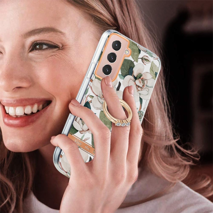 For Samsung Galaxy S21 5G Ring IMD Flowers TPU Phone Case(Green Gardenia) For Samsung Galaxy S21 5G Ring IMD Flowers TPU Phone Case(Green Gardenia)