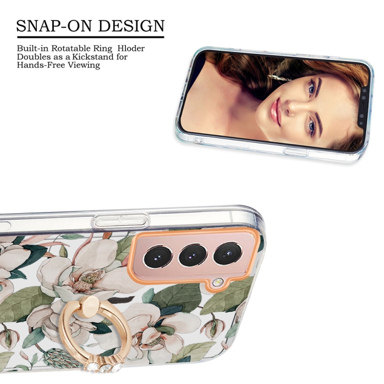 For Samsung Galaxy S21 5G Ring IMD Flowers TPU Phone Case(Green Gardenia) For Samsung Galaxy S21 5G Ring IMD Flowers TPU Phone Case(Green Gardenia)
