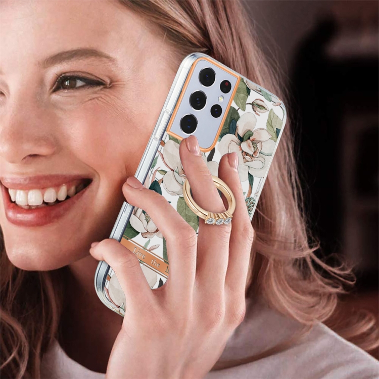 For Samsung Galaxy S21 Ultra 5G Ring IMD Flowers TPU Phone Case(Green Gardenia) For Samsung Galaxy S21 Ultra 5G Ring IMD Flowers TPU Phone Case(Green Gardenia)