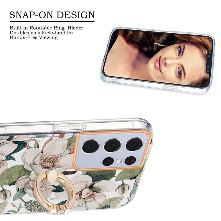 For Samsung Galaxy S21 Ultra 5G Ring IMD Flowers TPU Phone Case(Green Gardenia) For Samsung Galaxy S21 Ultra 5G Ring IMD Flowers TPU Phone Case(Green Gardenia)
