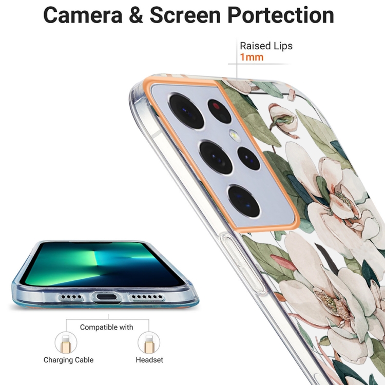 For Samsung Galaxy S21 Ultra 5G Ring IMD Flowers TPU Phone Case(Green Gardenia) For Samsung Galaxy S21 Ultra 5G Ring IMD Flowers TPU Phone Case(Green Gardenia)