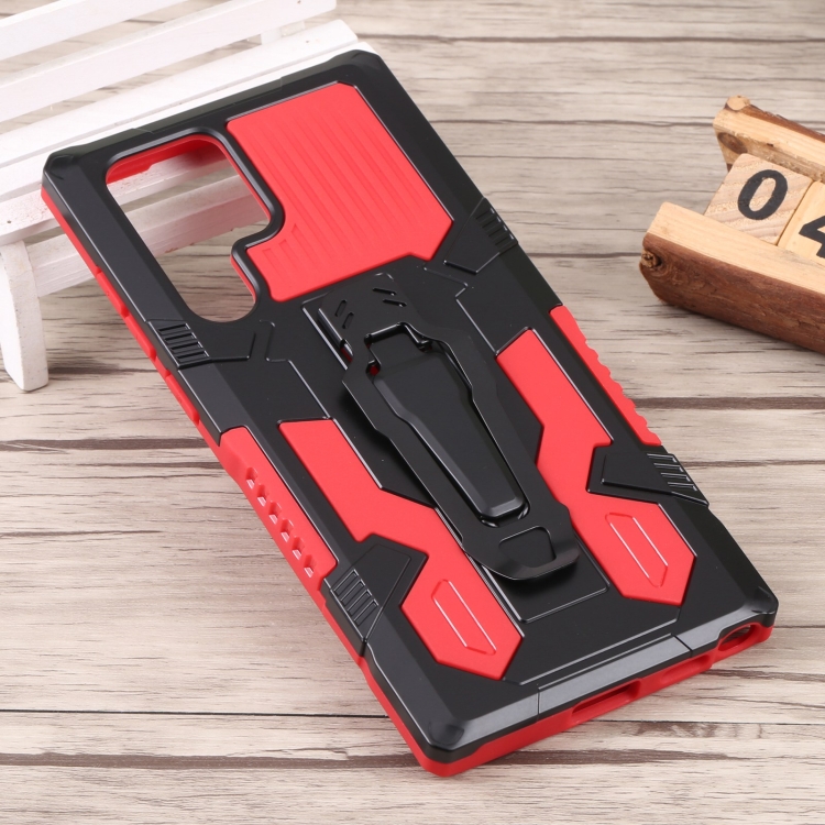 For Samsung Galaxy S22 Ultra 5G Lanyard Mecha Armor Kickstand PC + TPU Phone Case(Red)