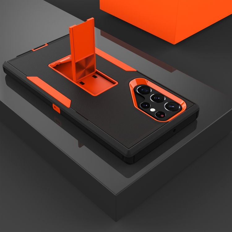 For Samsung Galaxy S22 Ultra 5G Magnetic Holder Phone Case(Black + Orange) For Samsung Galaxy S22 Ultra 5G Magnetic Holder Phone Case(Black + Orange)