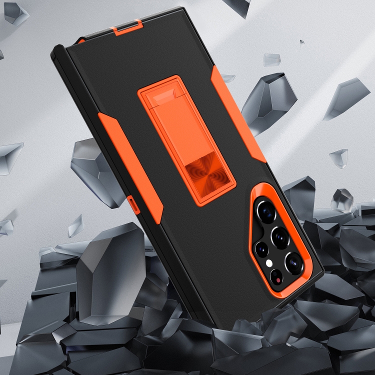 For Samsung Galaxy S22 Ultra 5G Magnetic Holder Phone Case(Black + Orange) For Samsung Galaxy S22 Ultra 5G Magnetic Holder Phone Case(Black + Orange)