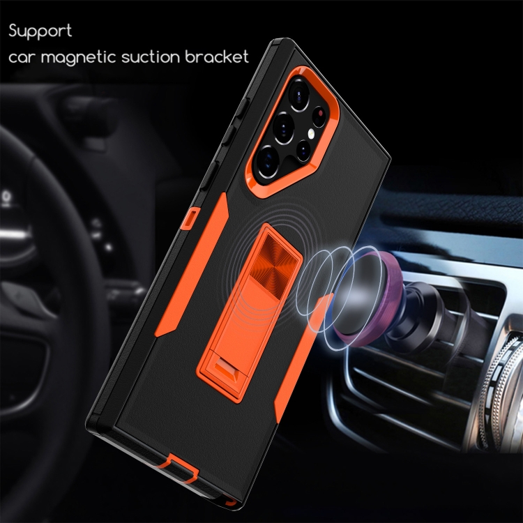 For Samsung Galaxy S22 Ultra 5G Magnetic Holder Phone Case(Black + Orange) For Samsung Galaxy S22 Ultra 5G Magnetic Holder Phone Case(Black + Orange)