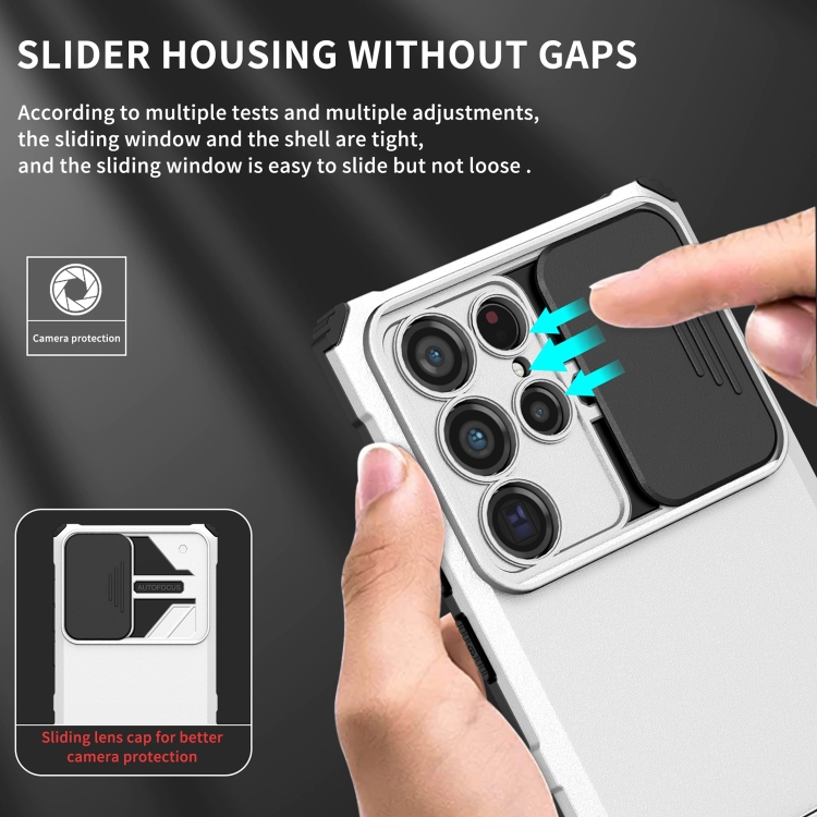 For Samsung Galaxy S22 Ultra 5G Stereoscopic Holder Sliding Camshield Phone Case(White) For Samsung Galaxy S22 Ultra 5G Stereoscopic Holder Sliding Camshield Phone Case(White)