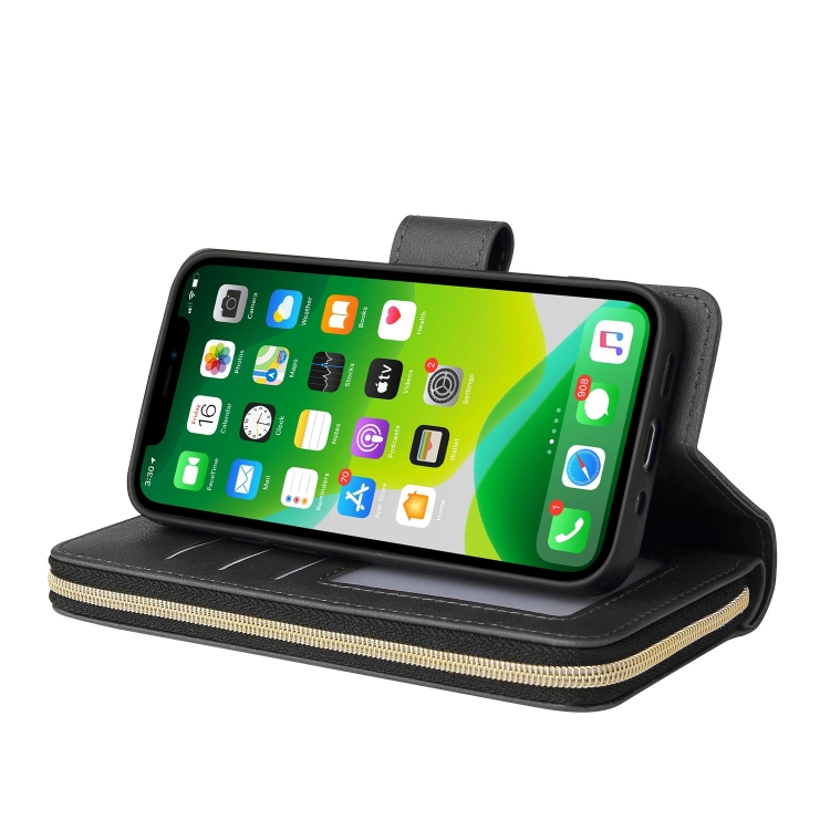 For iPhone 13 mini 9 Card Slots Zipper Wallet Bag Leather Phone Case (Black) For iPhone 13 mini 9 Card Slots Zipper Wallet Bag Leather Phone Case (Black)