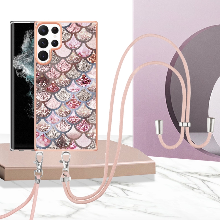 For Samsung Galaxy S22 Ultra 5G Electroplating IMD TPU Phone Case with Lanyard(Pink Scales) For Samsung Galaxy S22 Ultra 5G Electroplating IMD TPU Phone Case with Lanyard(Pink Scales)