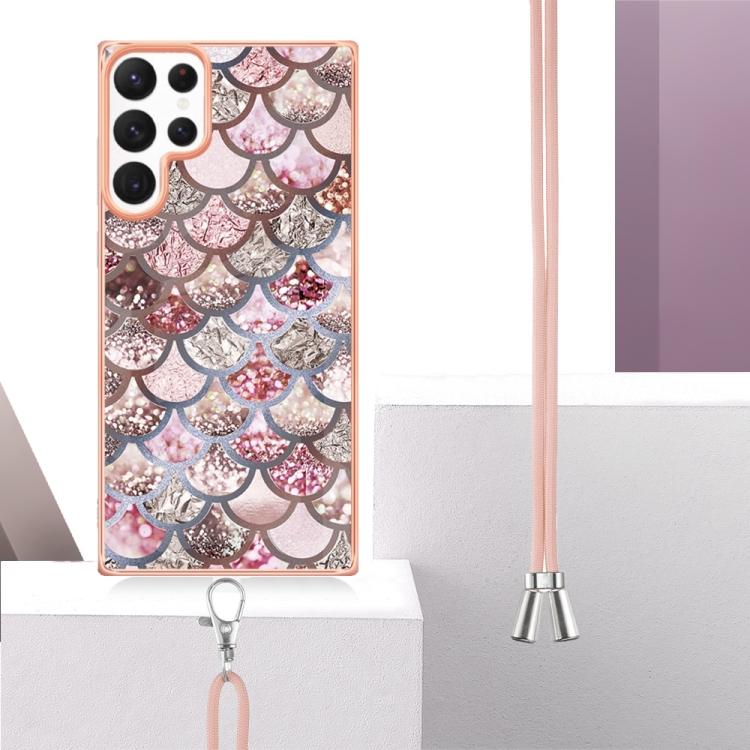 For Samsung Galaxy S22 Ultra 5G Electroplating IMD TPU Phone Case with Lanyard(Pink Scales) For Samsung Galaxy S22 Ultra 5G Electroplating IMD TPU Phone Case with Lanyard(Pink Scales)