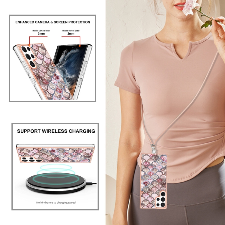 For Samsung Galaxy S22 Ultra 5G Electroplating IMD TPU Phone Case with Lanyard(Pink Scales) For Samsung Galaxy S22 Ultra 5G Electroplating IMD TPU Phone Case with Lanyard(Pink Scales)