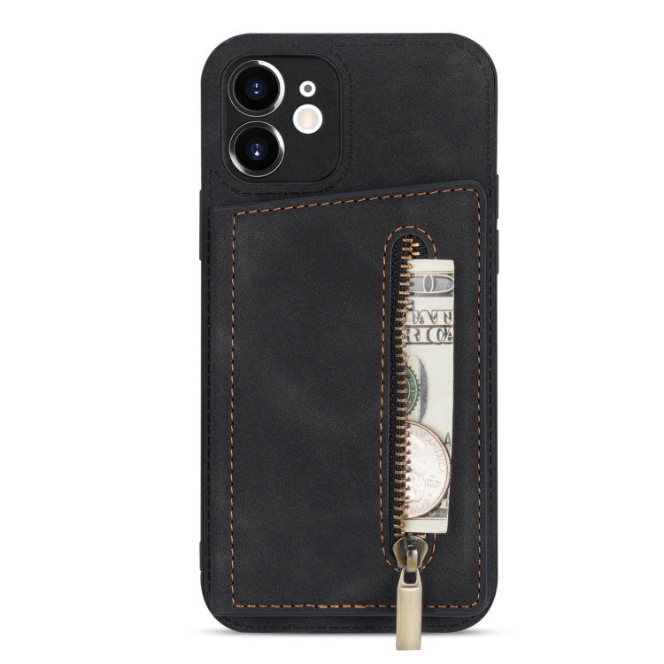For iPhone 12 mini Zipper Card Holder Phone Case (Black)