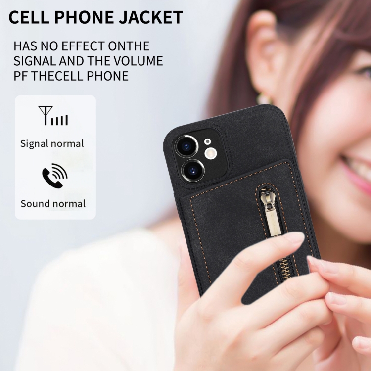 For iPhone 12 mini Zipper Card Holder Phone Case (Black)