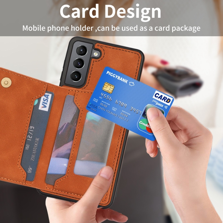 For Samsung Galaxy S21 5G Line Card Holder Phone Case(Brown) For Samsung Galaxy S21 5G Line Card Holder Phone Case(Brown)